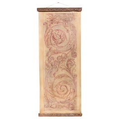 Italian Spolvero Rococo Print on Canvas with an Antique Frame with Red Rubies