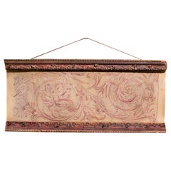 Italian Spolvero Rococo Print on Canvas with an Antique Red Frame and Red Rubies