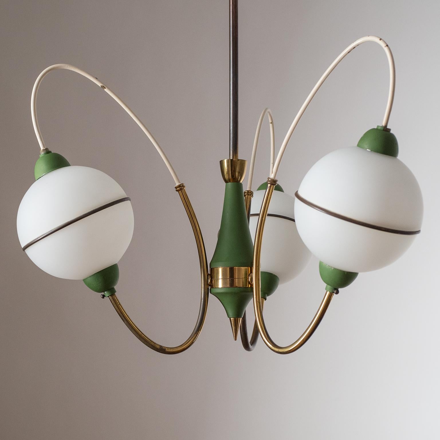 Italian Sputnik Chandelier, 1950s, Brass, Green and Satin Glass 3
