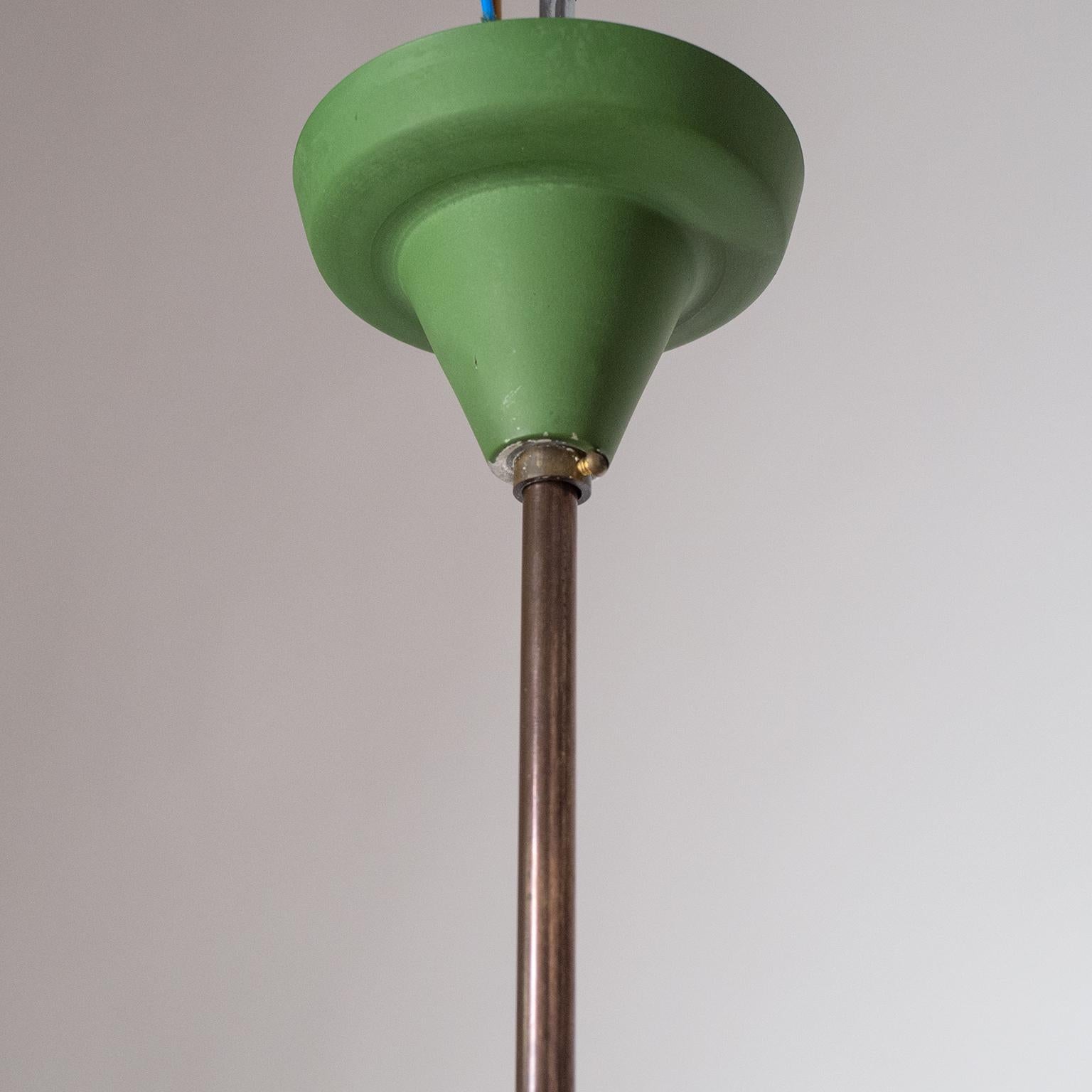 Italian Sputnik Chandelier, 1950s, Brass, Green and Satin Glass 5