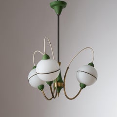 Italian Sputnik Chandelier, 1950s, Brass, Green and Satin Glass