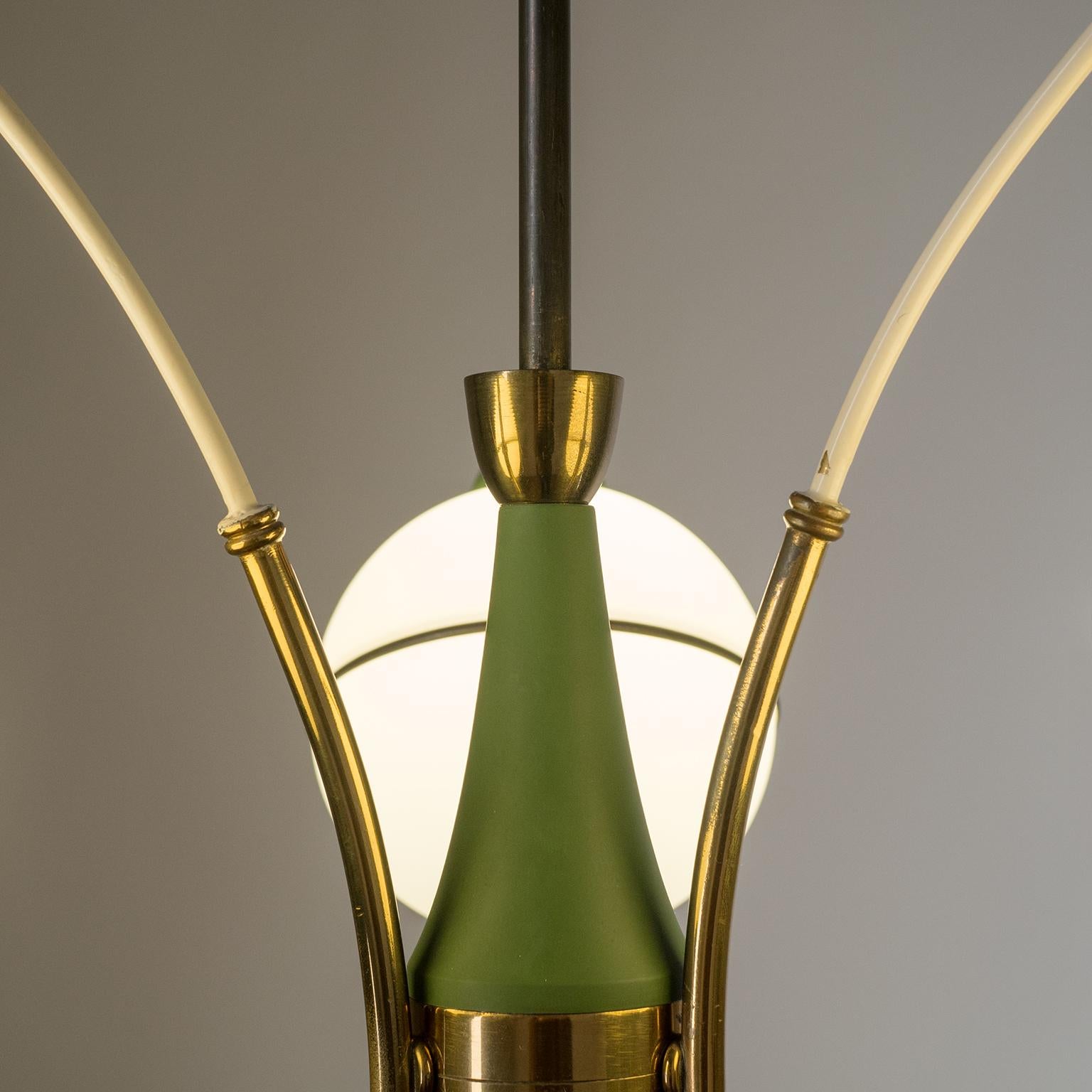 Frosted Italian Sputnik Chandelier, 1950s, Brass, Green and Satin Glass