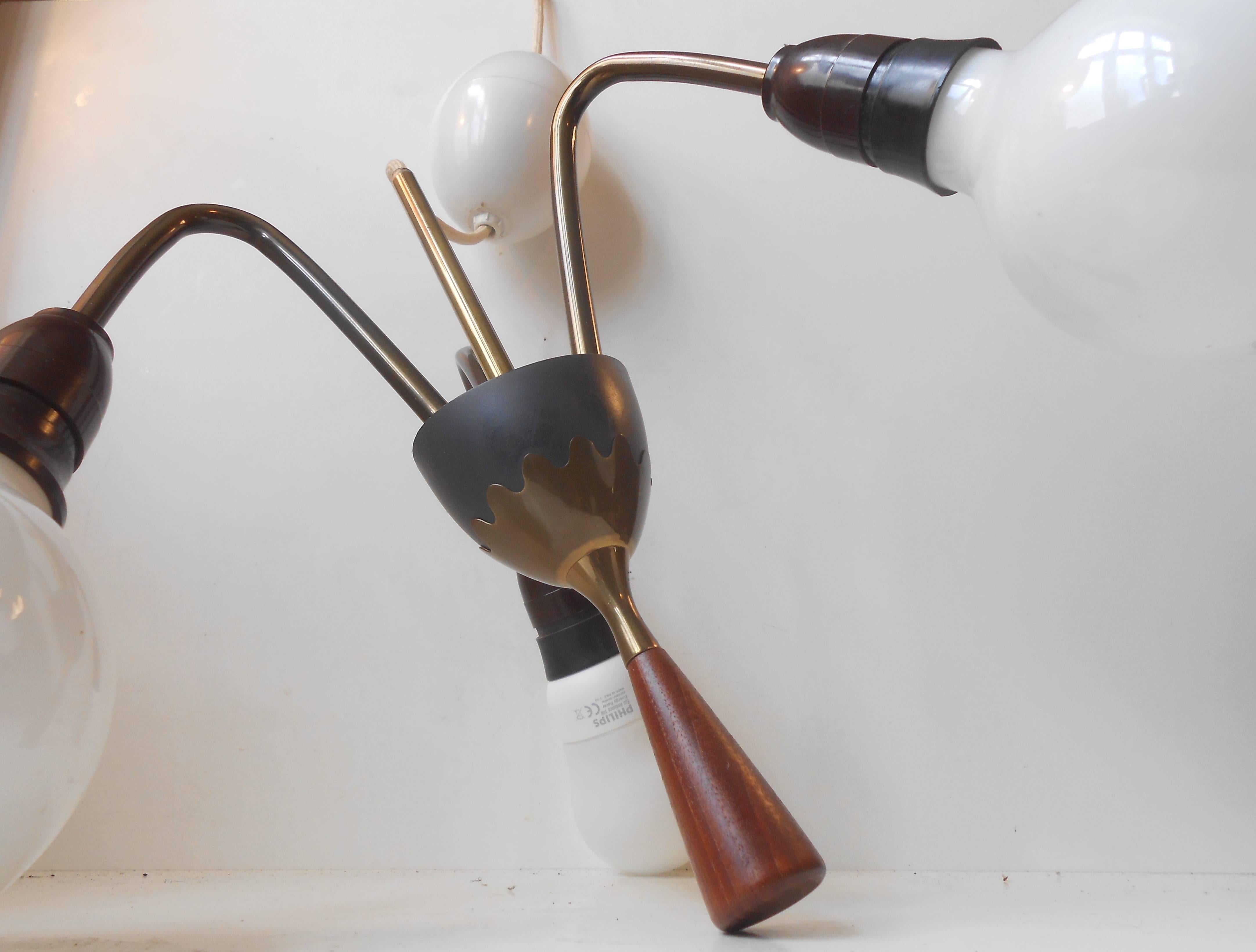 Mid-Century Modern Italian Sputnik Chandelier in Brass, Teak and with Egg Rise and Fall For Sale