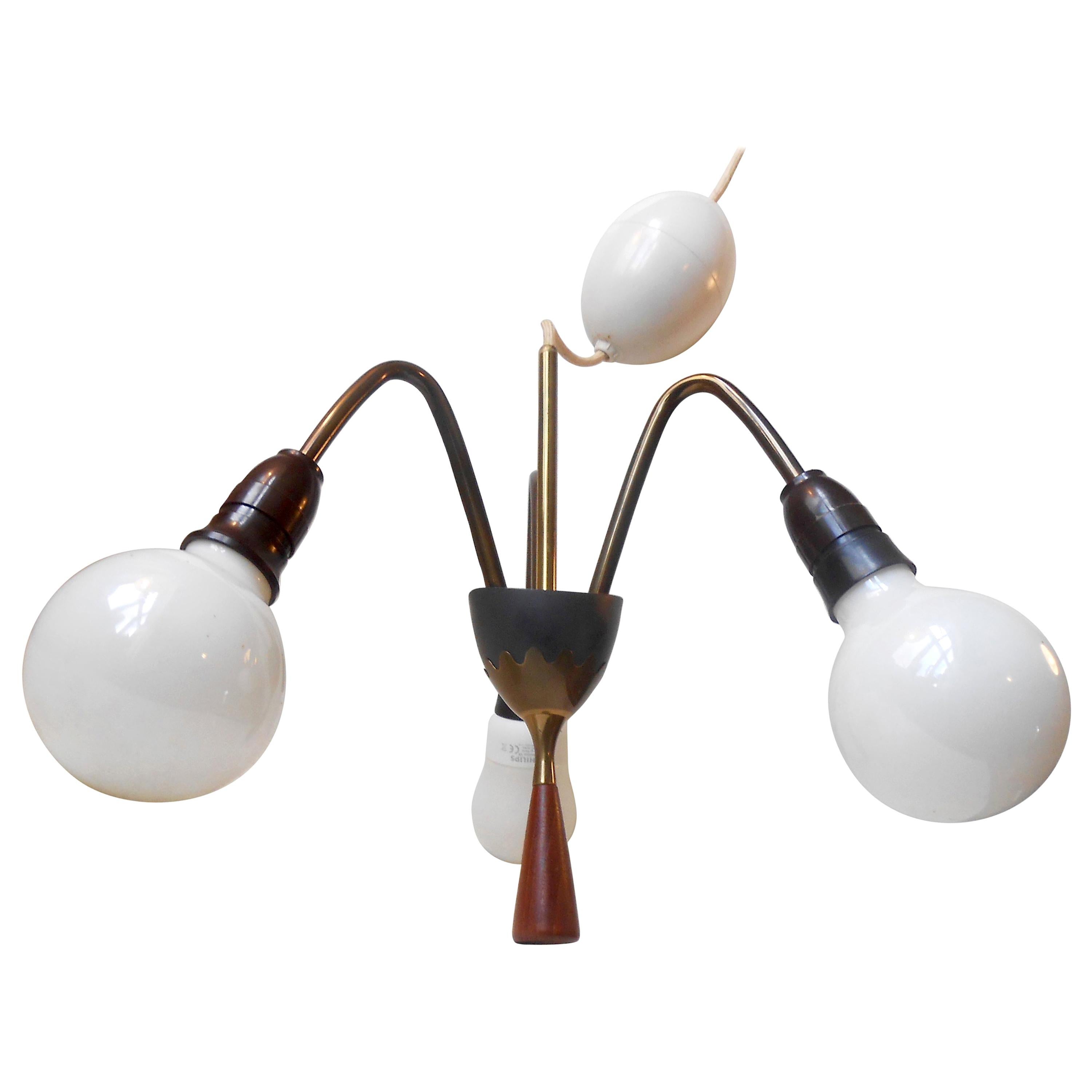 Italian Sputnik Chandelier in Brass, Teak and with Egg Rise and Fall For Sale