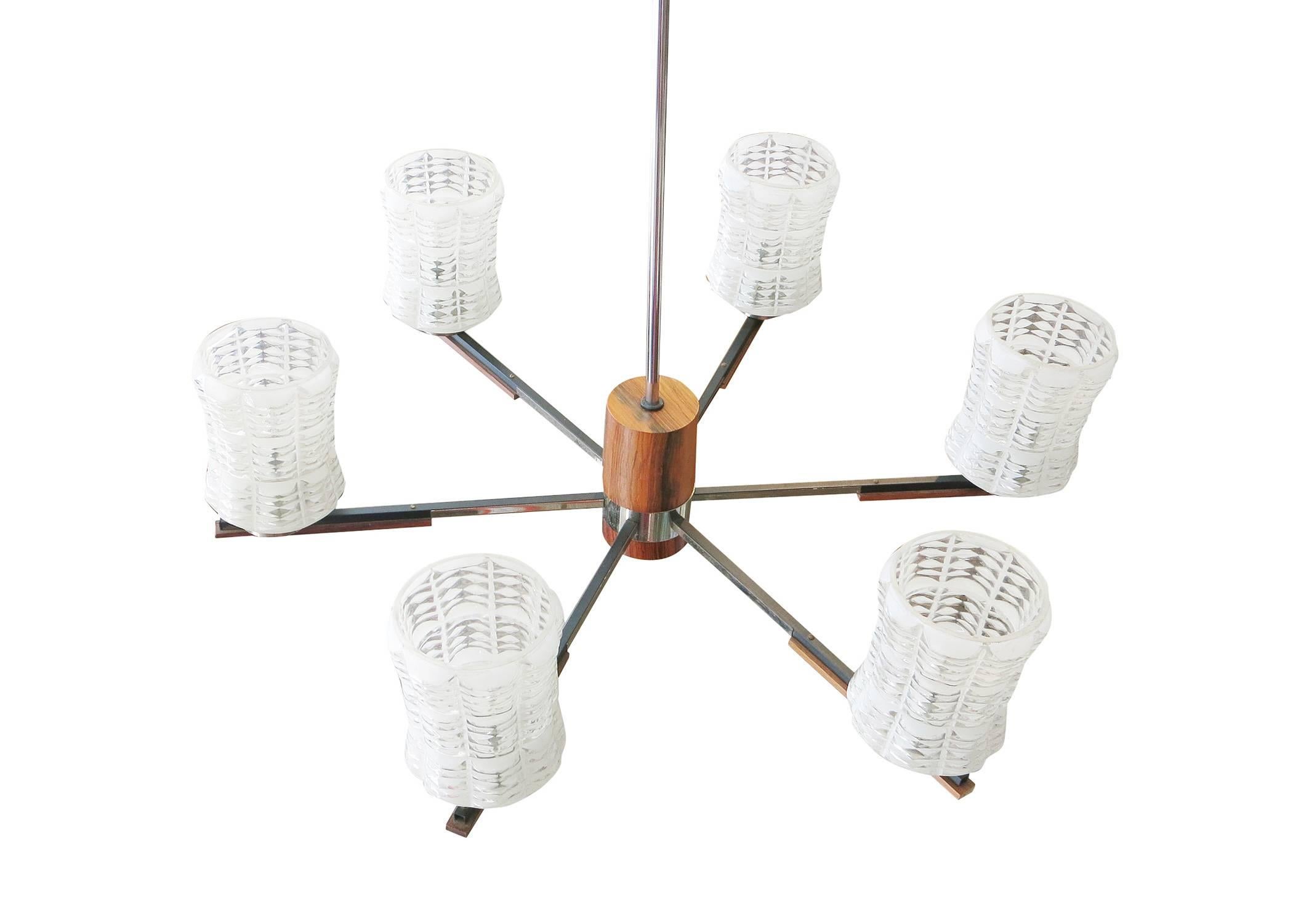 Mid-Century Modern Italian Sputnik Chandelier in Rosewood Chrome with Glass Shades For Sale