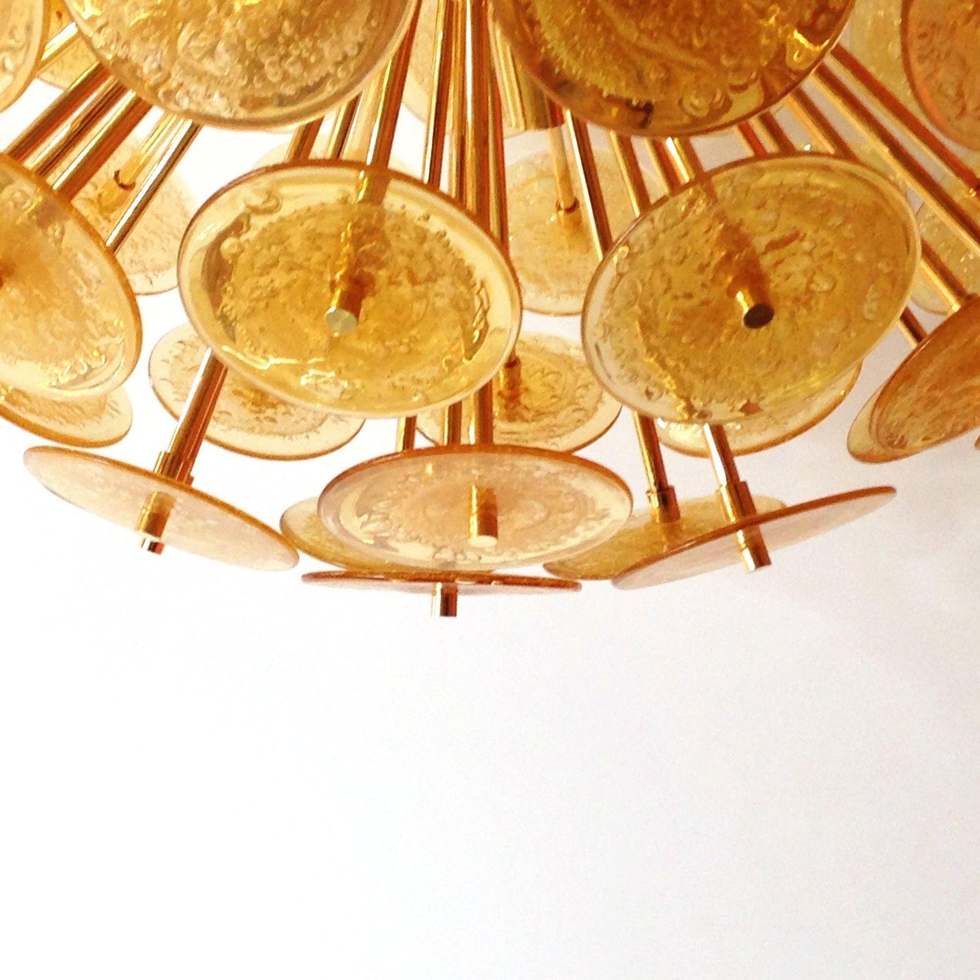 Modern Italian Sputnik Chandelier with Amber Murano Glass Disks & Gold Plated Frame