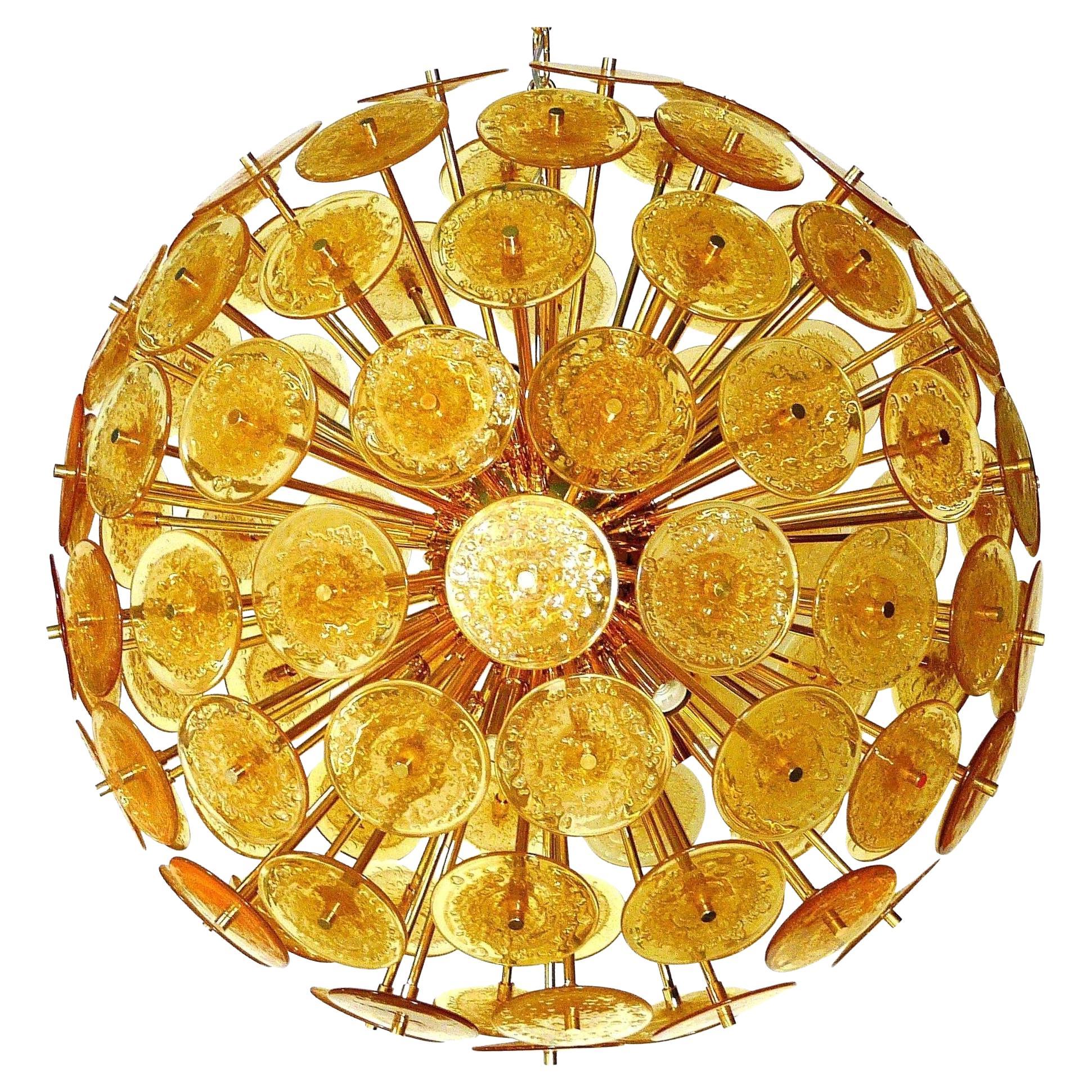 Italian Sputnik Chandelier with Amber Murano Glass Disks 
Gold Plated Frame