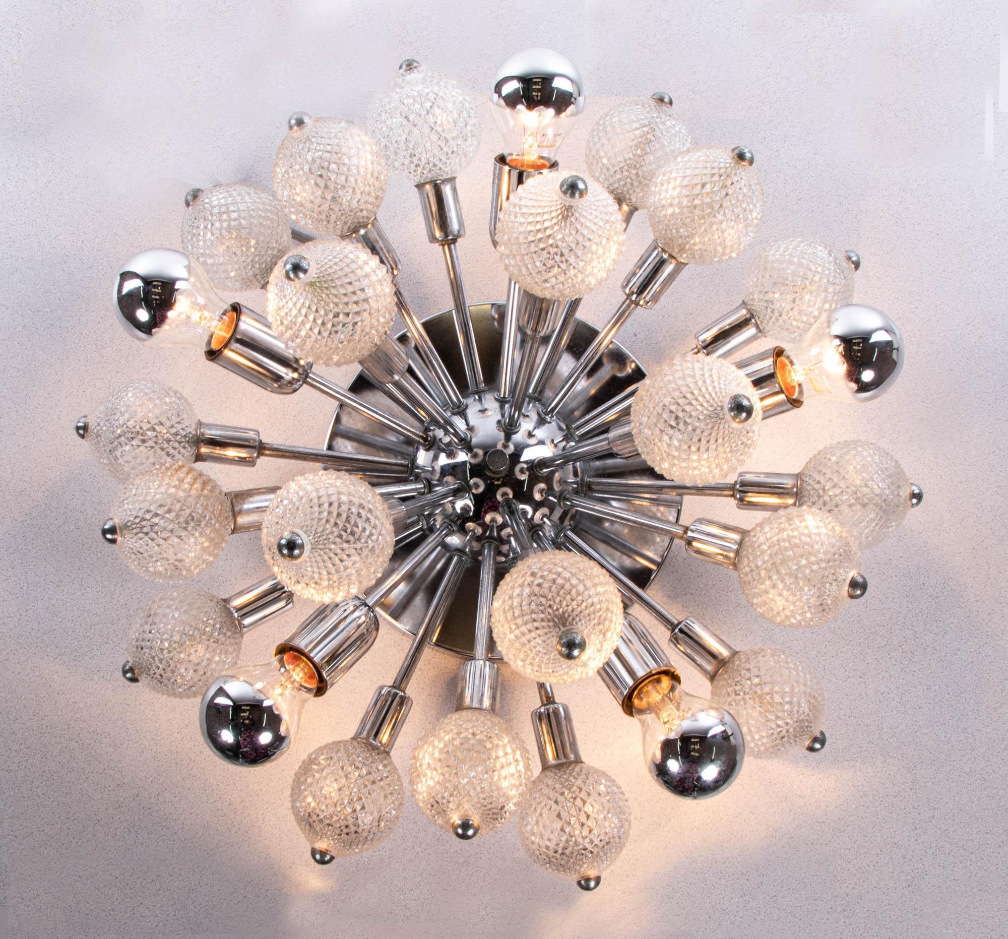 Mid-Century Modern 1960 Italy Sputnik Flush Mount Ceiling Light Crystal Glass & Chrome