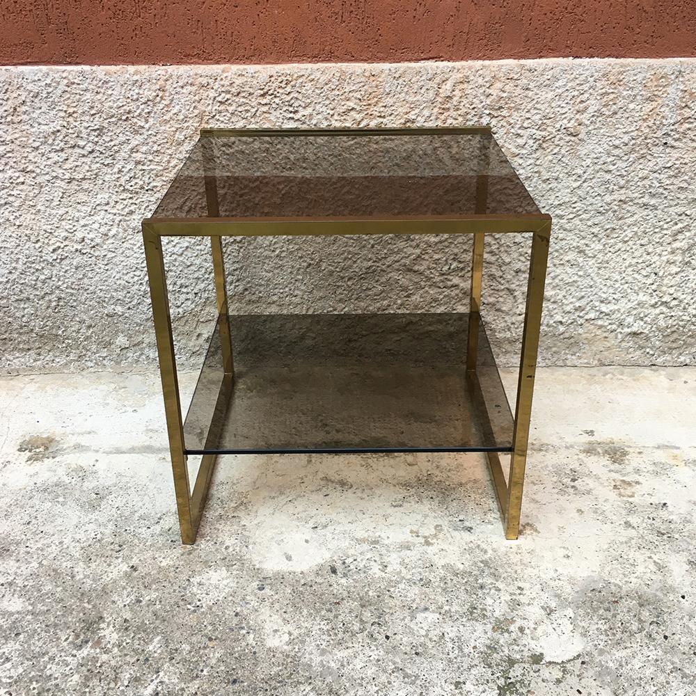 Modern Italian Square Brass and Double Smoked Glass Shelf Coffee Table, 1970s
