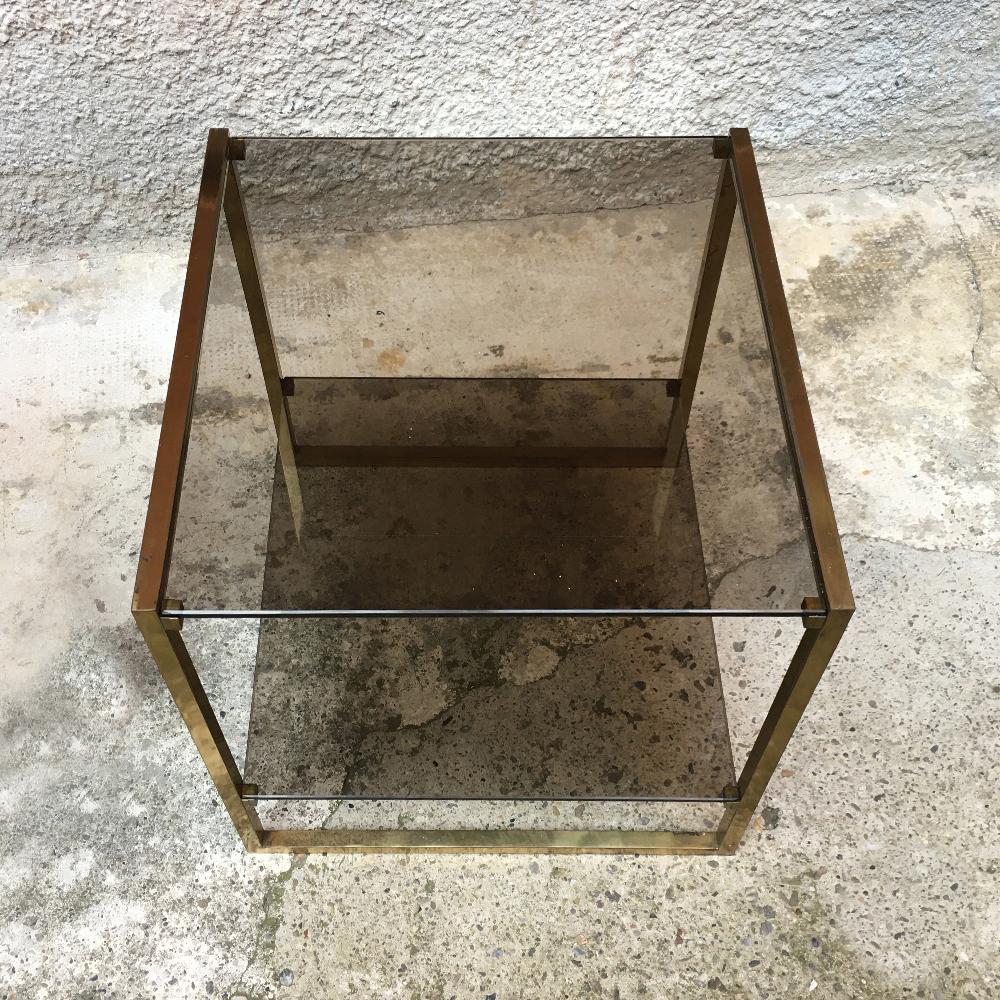 European Italian Square Brass and Double Smoked Glass Shelf Coffee Table, 1970s