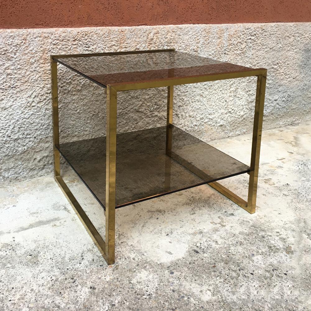 Italian Square Brass and Double Smoked Glass Shelf Coffee Table, 1970s In Good Condition In MIlano, IT