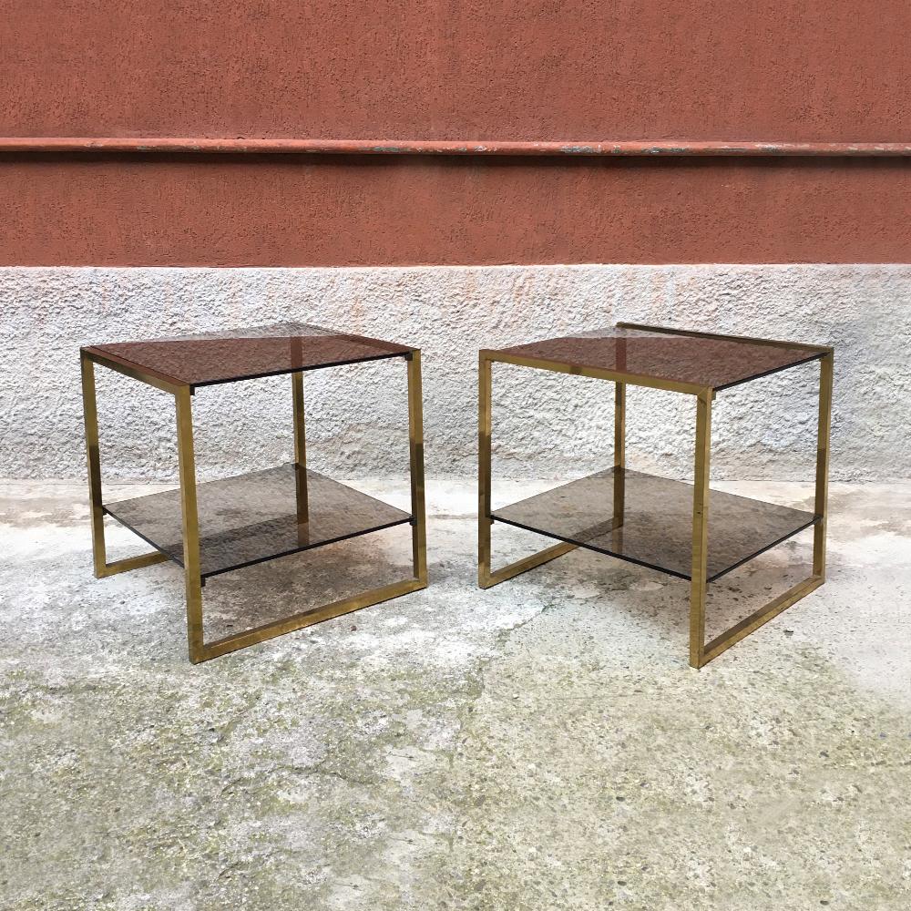 Late 20th Century Italian Square Brass and Double Smoked Glass Shelf Coffee Table, 1970s