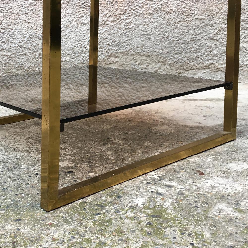 Italian Square Brass and Double Smoked Glass Shelf Coffee Table, 1970s 1