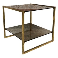 Italian Square Brass and Double Smoked Glass Shelf Coffee Table, 1970s