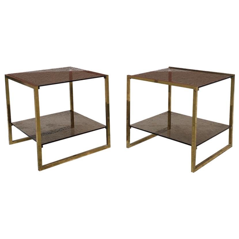 Italian Square Brass and Double Smoked Glass Shelf Coffee Tables, 1970s
