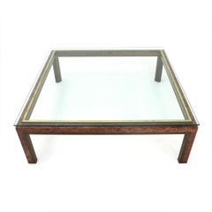 Italian Square Coffee Table in Briarwood, Brass and Glass, 1970s