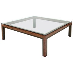 Italian Square Coffee Table in Briarwood, Brass and Glass, 1970s