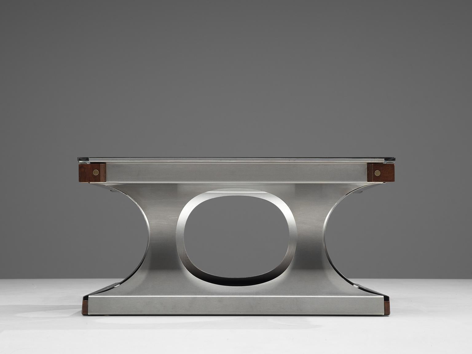 Mid-Century Modern Italian Square Coffee Table in Metal, Glass and Wood