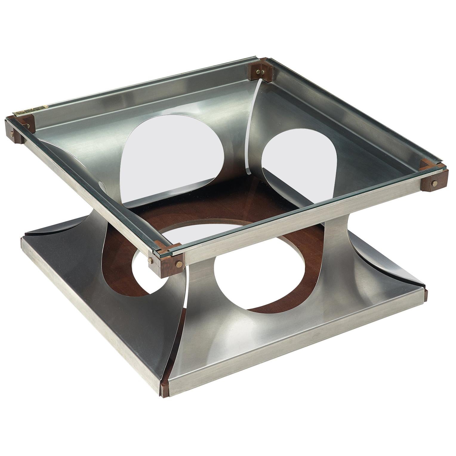 Italian Square Coffee Table in Metal, Glass and Wood