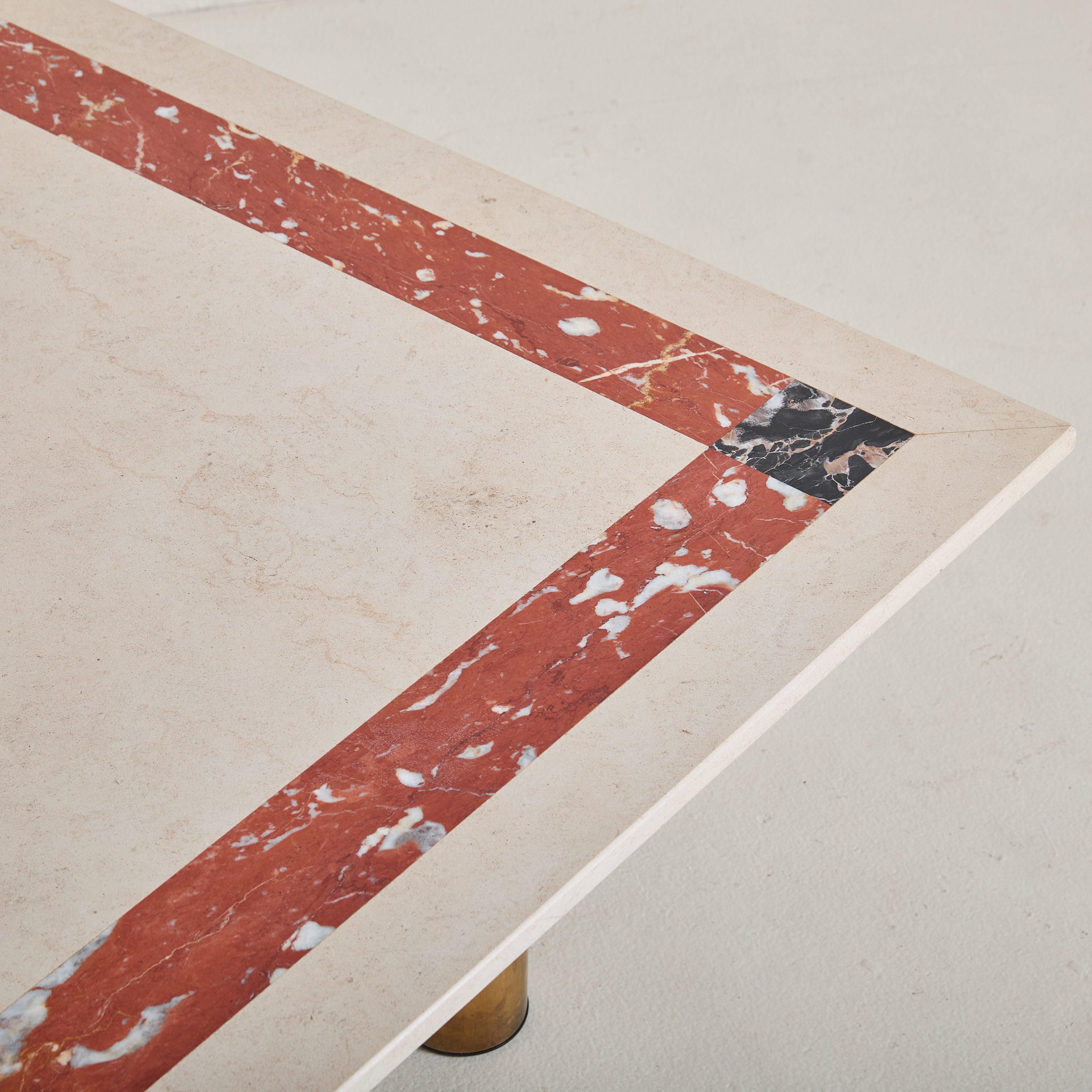 Moderne Italian Square Ivory + Red Marble Coffee Table With Brass Legs, 1980s en vente