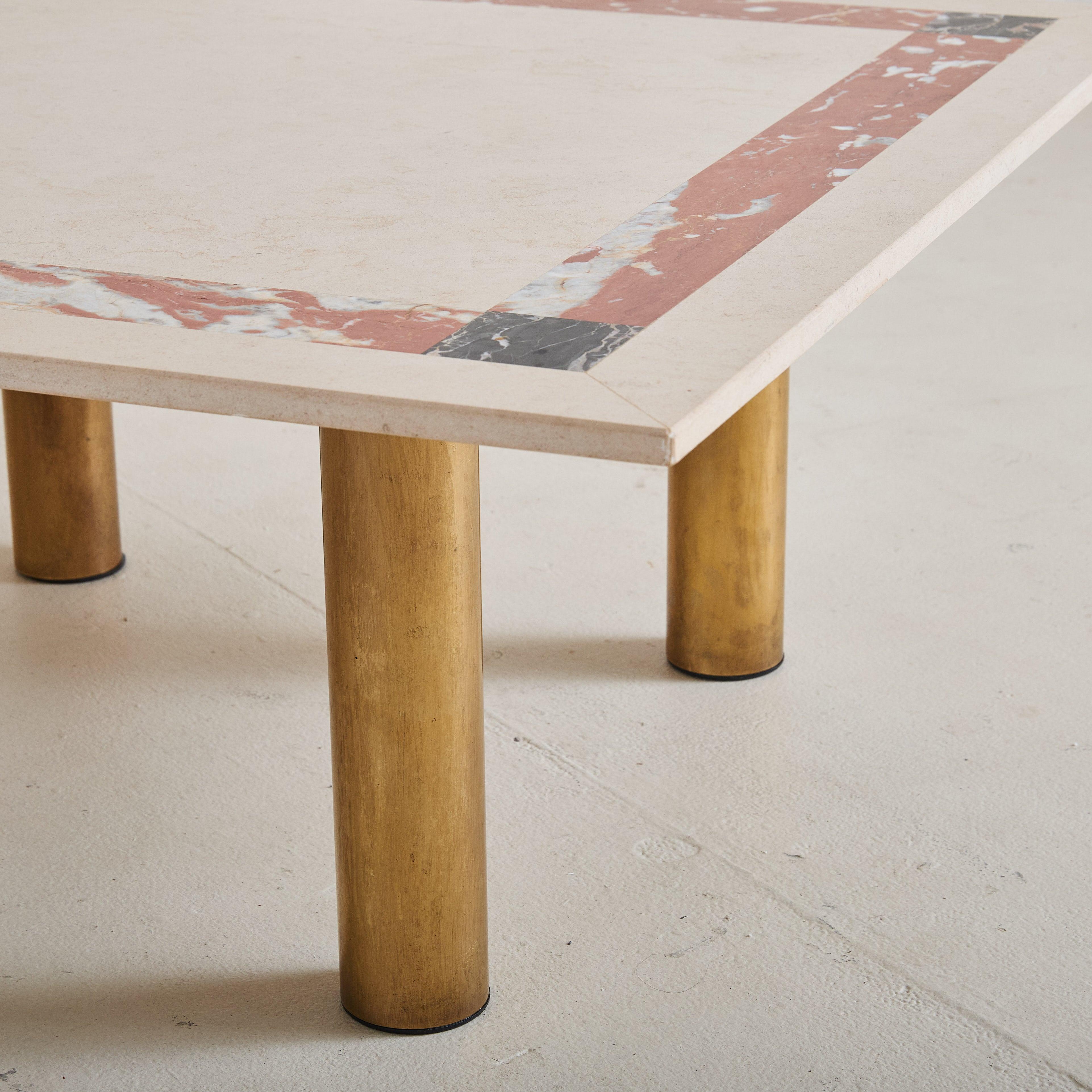 italien Italian Square Ivory + Red Marble Coffee Table With Brass Legs, 1980s en vente