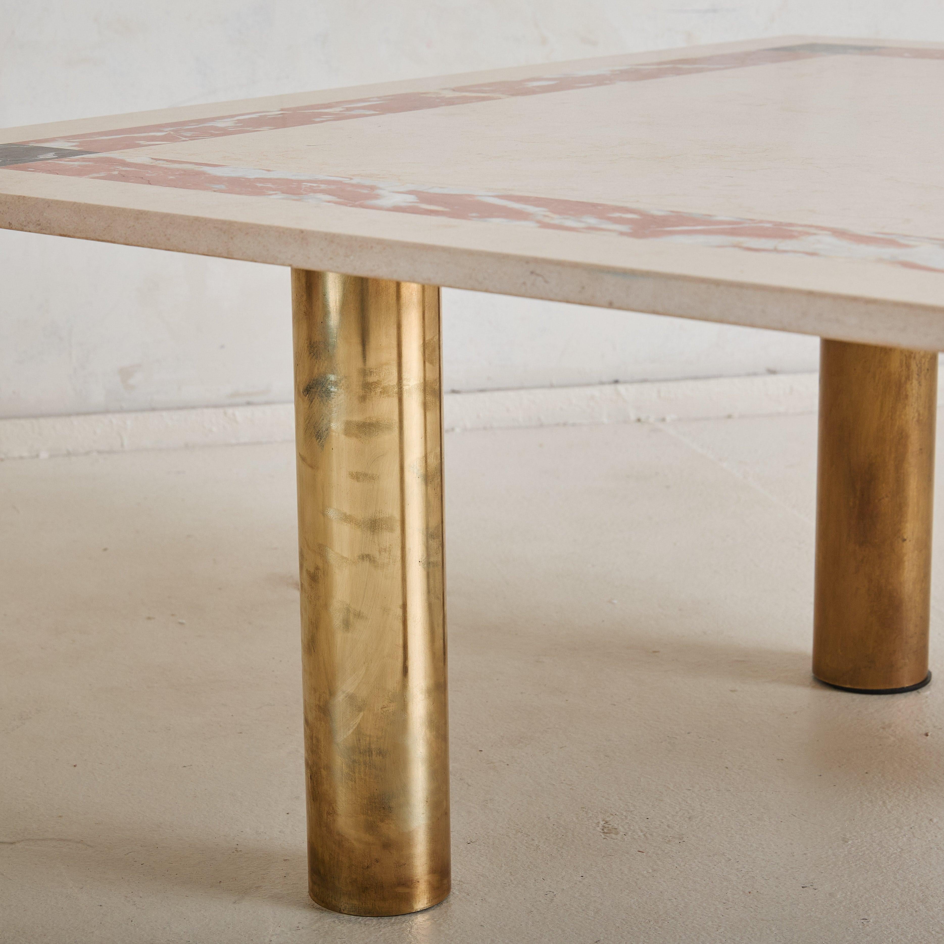 Laiton Italian Square Ivory + Red Marble Coffee Table With Brass Legs, 1980s en vente