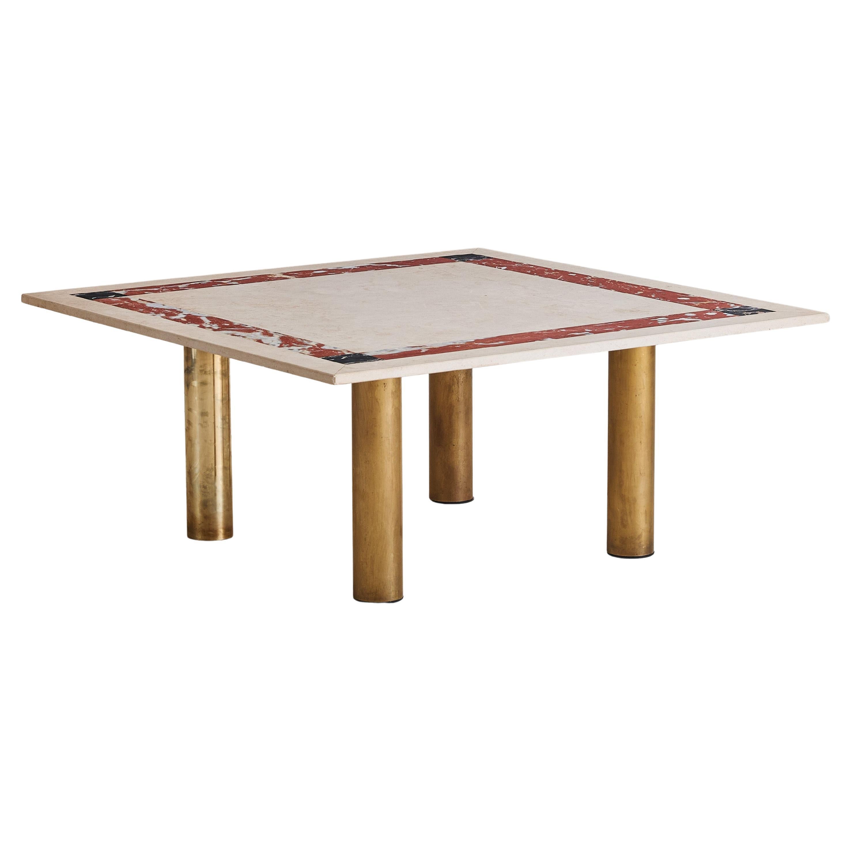 Italian Square Ivory + Red Marble Coffee Table With Brass Legs, 1980s