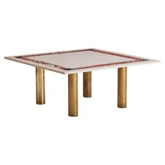 Italian Square Ivory + Red Marble Coffee Table With Brass Legs, 1980s