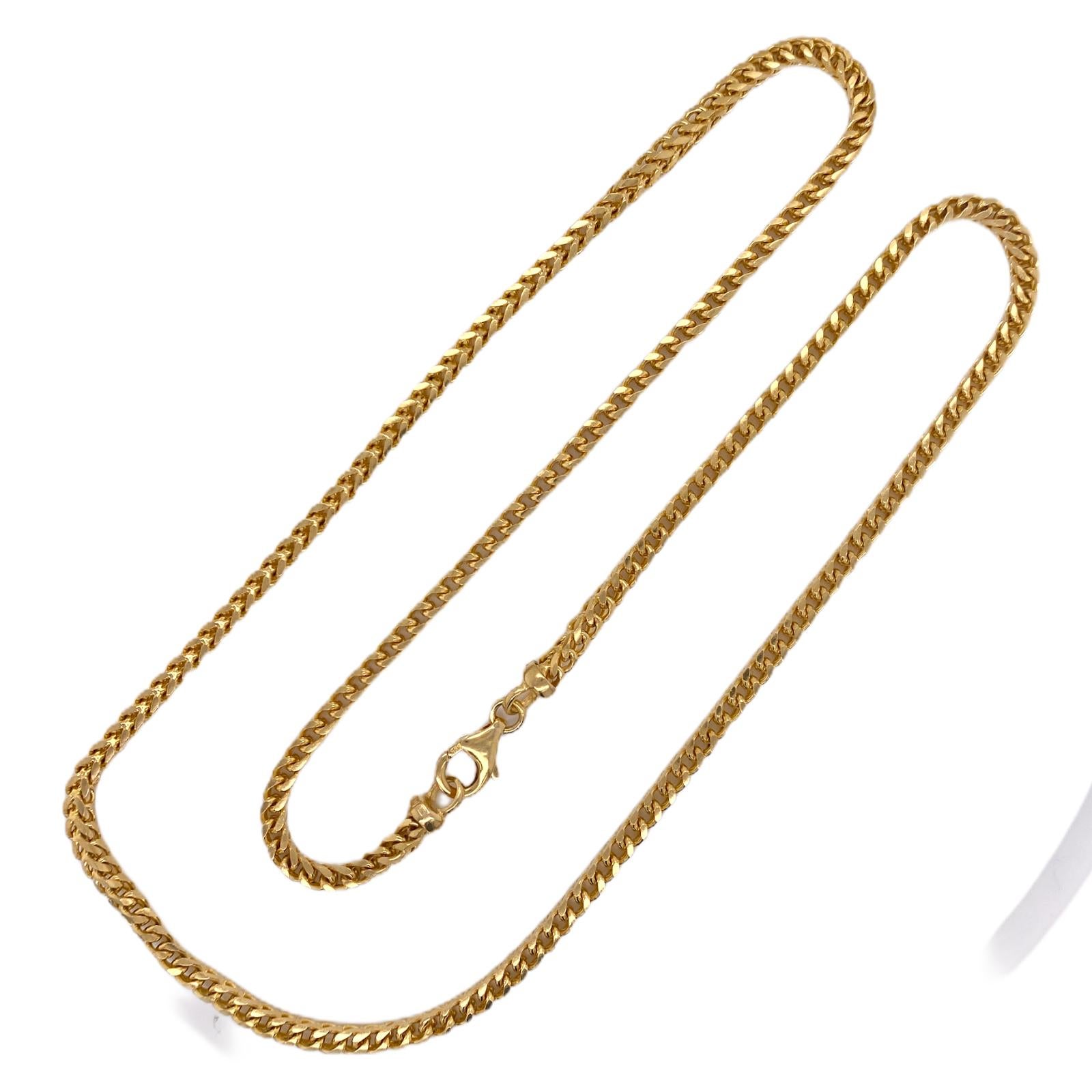 Italian square link men's chain fashioned in 14 karat yellow gold. The necklace measures 24 inches in length, and 3.5mm in width. 