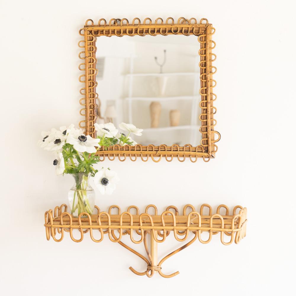 Italian Square Rattan Mirror In Good Condition For Sale In Los Angeles, CA