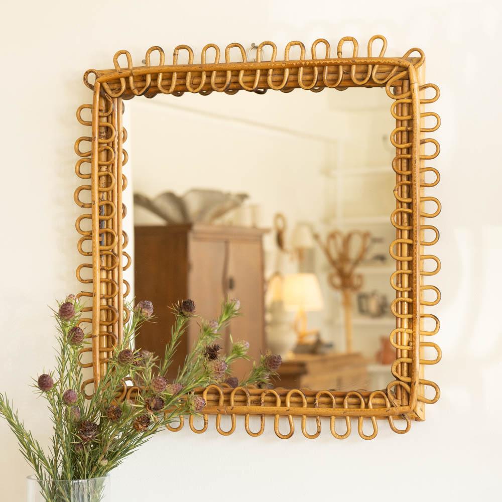 Italian Square Rattan Mirror In Good Condition For Sale In Los Angeles, CA