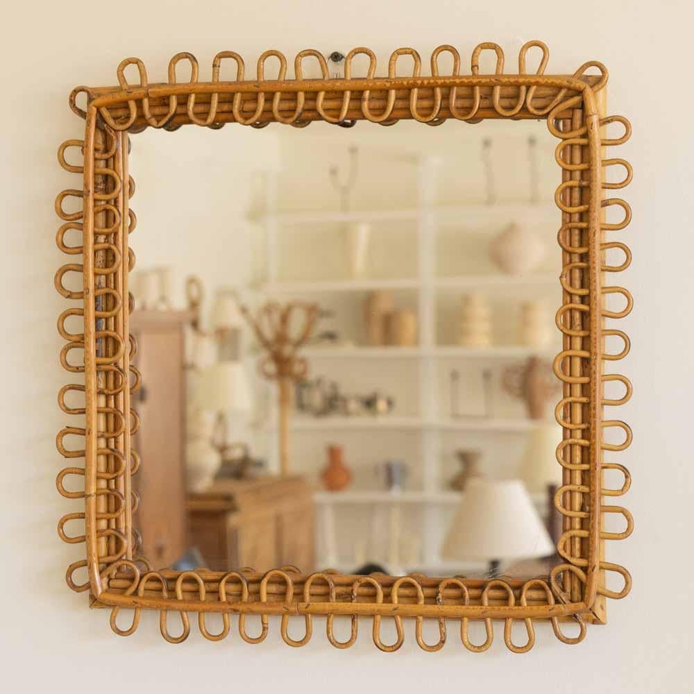 20th Century Italian Square Rattan Mirror For Sale