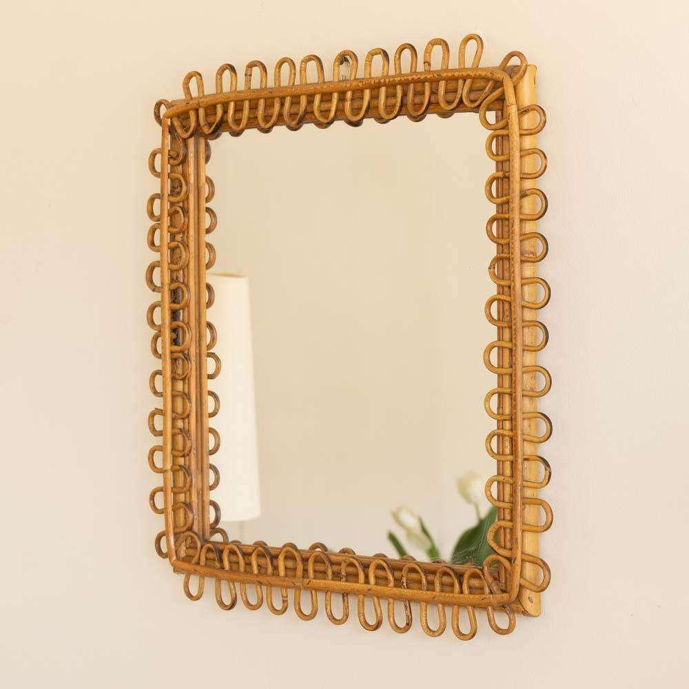 Italian Square Rattan Mirror For Sale 1