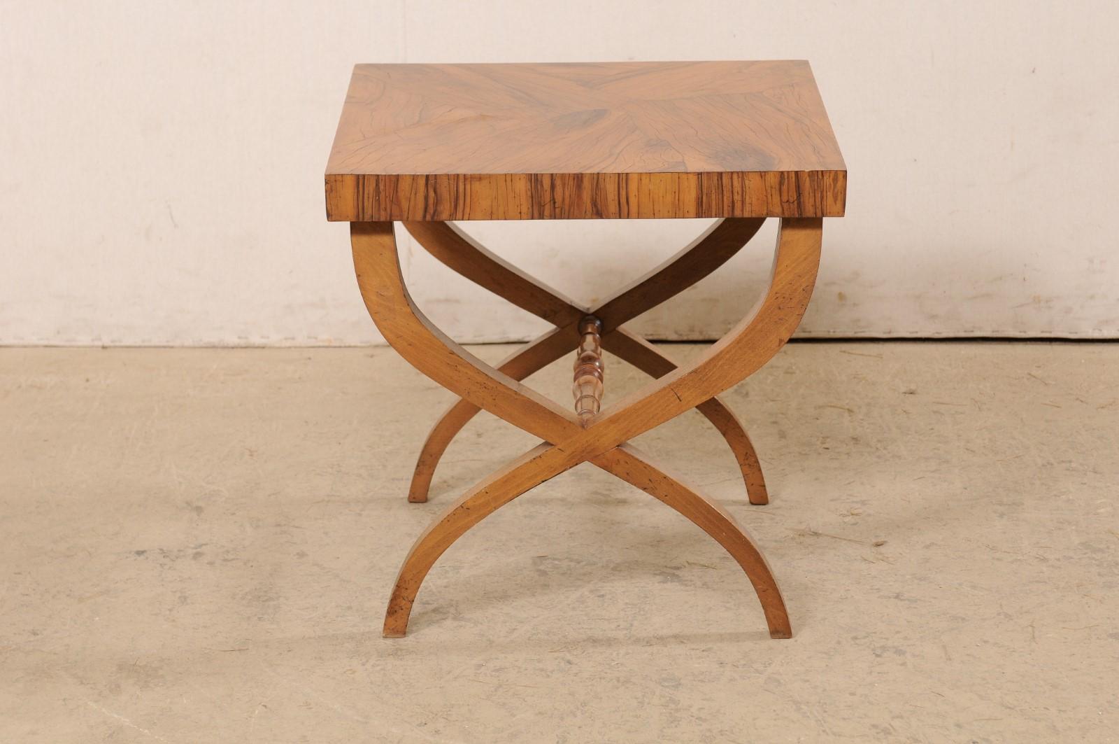 20th Century Italian Square-Shaped Curule Leg Side Table w/Beautiful Olivewood Veneers