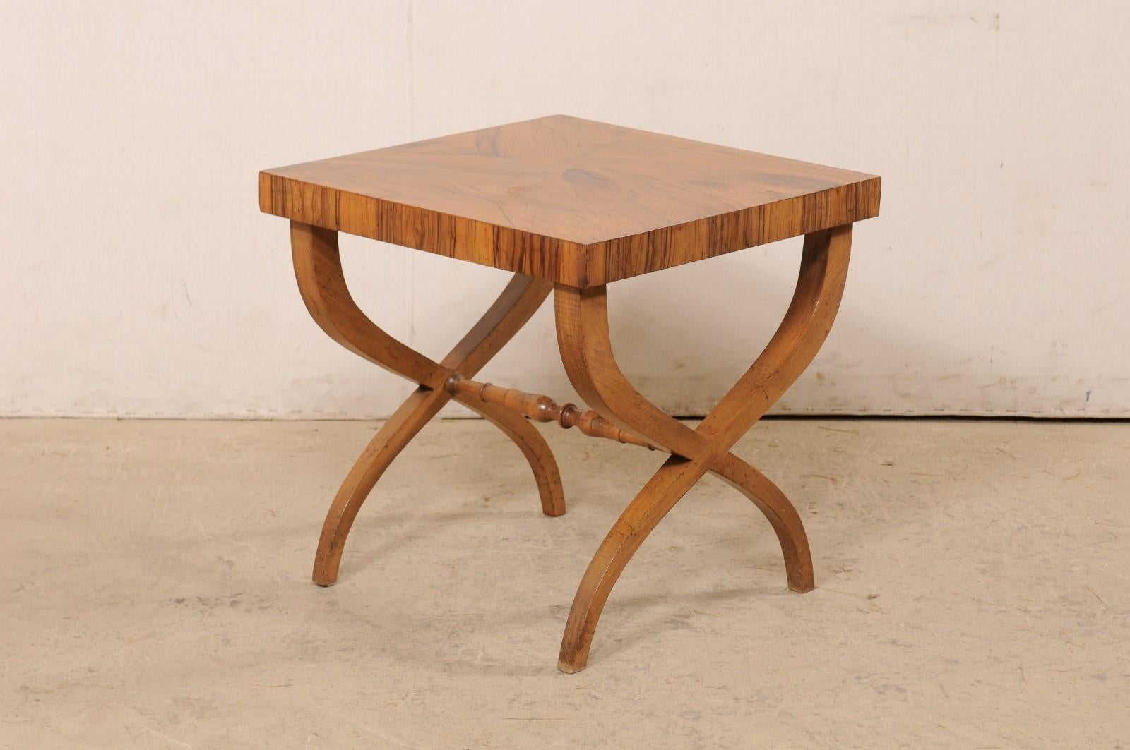 Wood Italian Square-Shaped Curule Leg Side Table w/Beautiful Olivewood Veneers