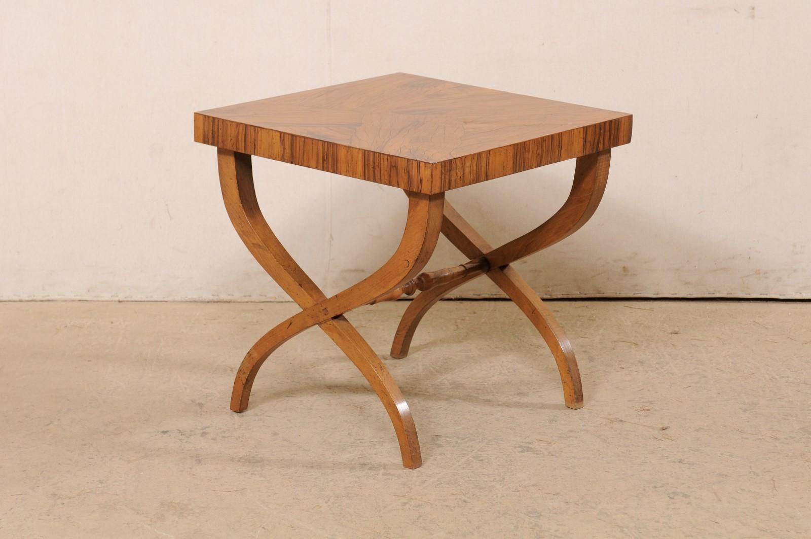 Italian Square-Shaped Curule Leg Side Table w/Beautiful Olivewood Veneers 2