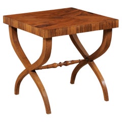 Italian Square-Shaped Curule Leg Side Table w/Beautiful Olivewood Veneers