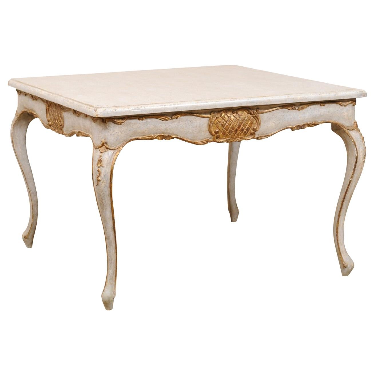 Italian Square-Shaped Wood Table w/ Elegant Legs, Scalloped Skirt & Gilt Accents For Sale