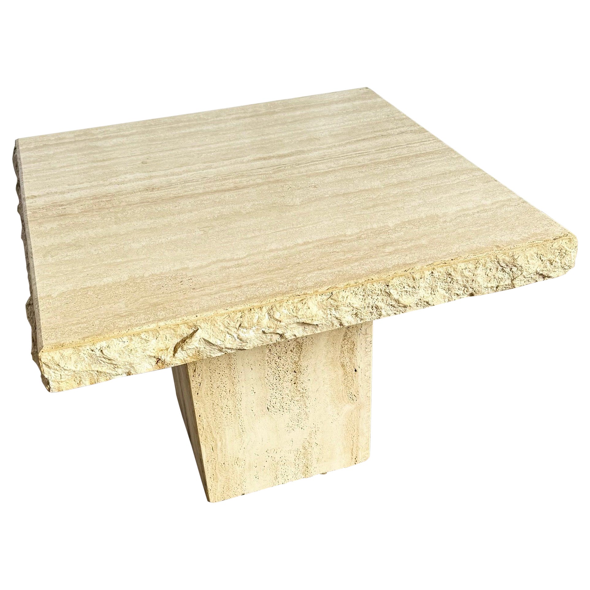 Italian Square Top Travertine Side Table With Raw Edges For Sale