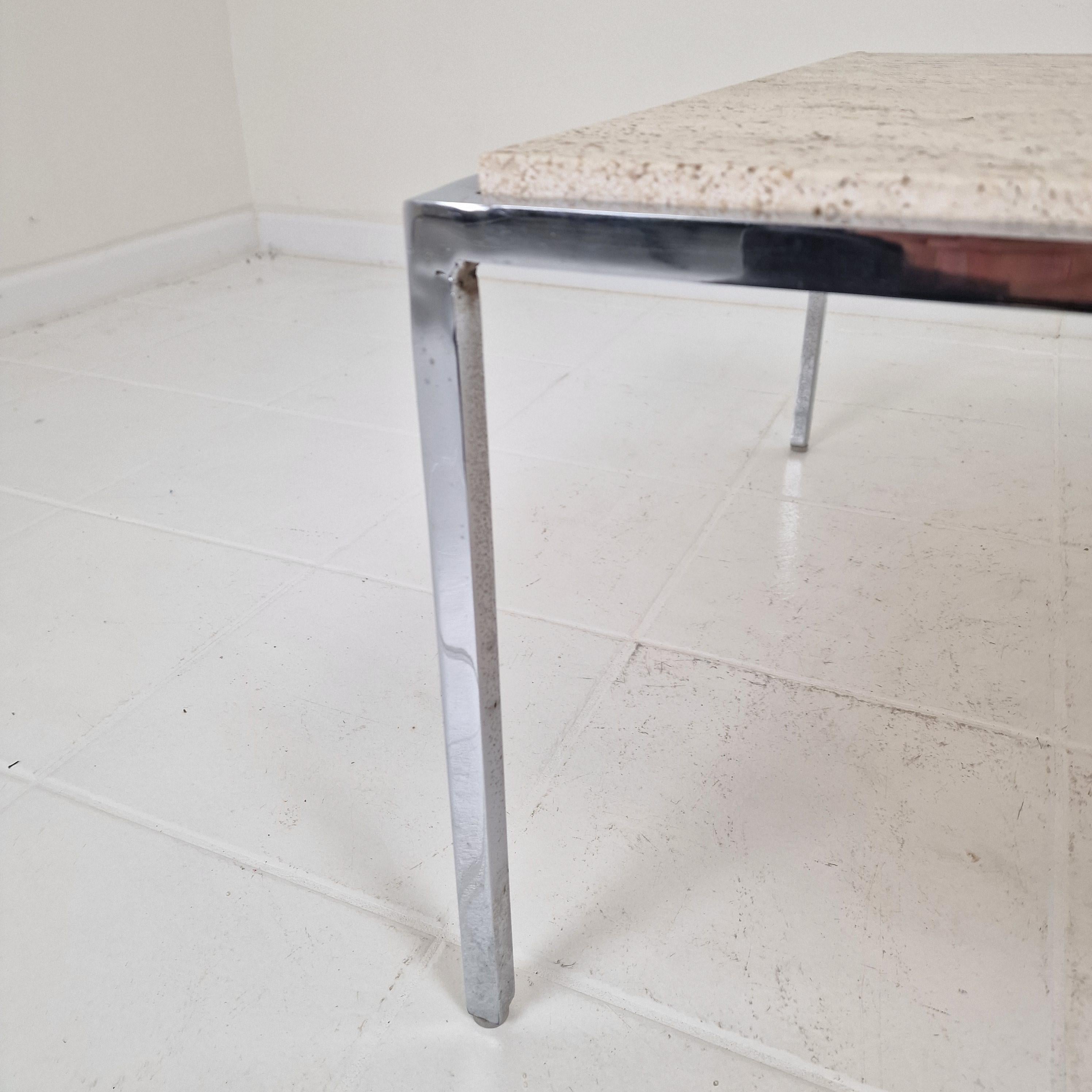 Italian Square Travertine Coffee Table with Steel Base, 1980's en venta 2