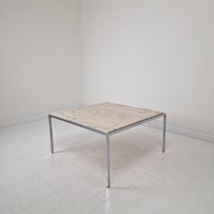 Table basse italienne carrée en travertin avec base en acier, années 1980