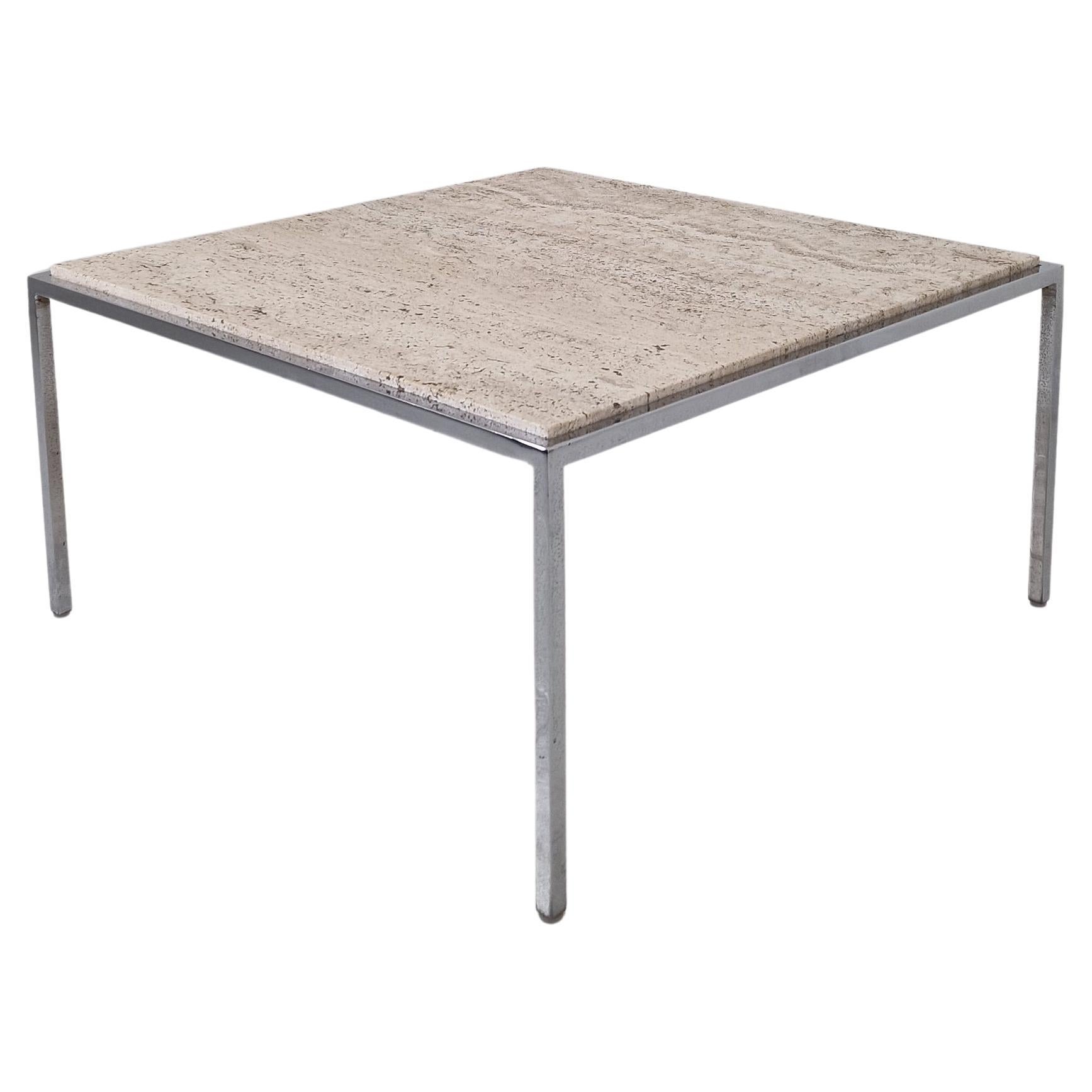 Italian Square Travertine Coffee Table with Steel Base, 1980's en venta