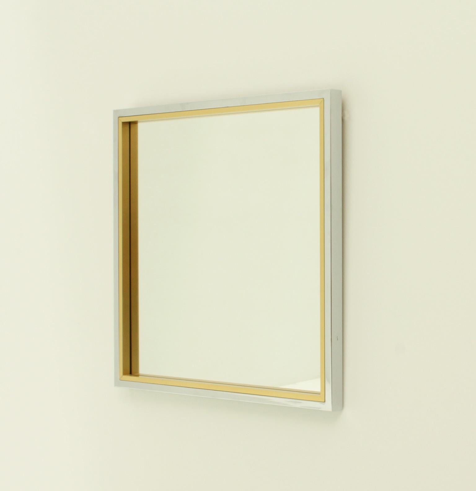 Italian Square Wall Mirror in Brass and Chrome from 1970's For Sale 2