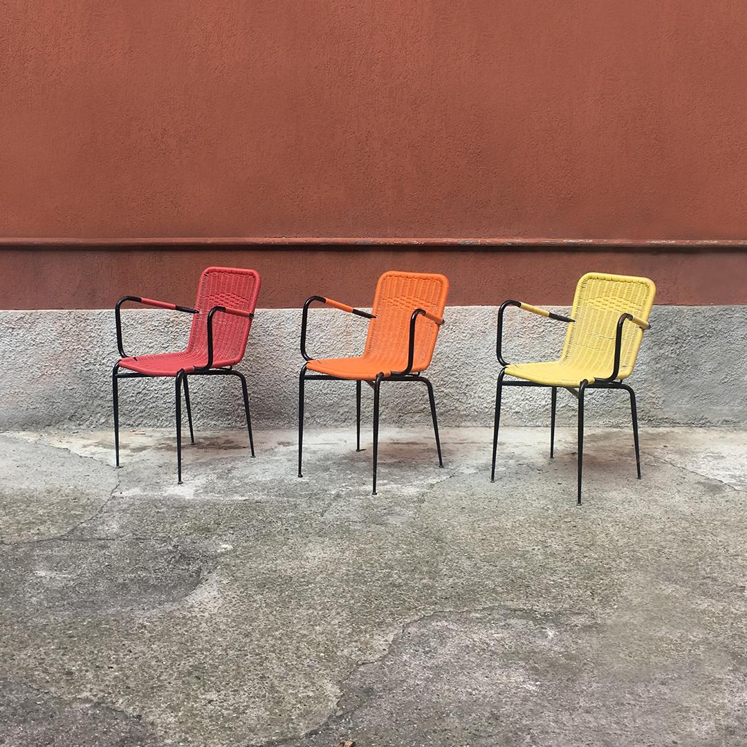 Italian stackable outdoor chairs in original Scooby, 1960s
Set of stackable colored outdoor chairs in Scooby, dating to the 1960s. Italian chairs coming from a characteristic hotel in the centre of Italy. Structure in black metal rod with seat and