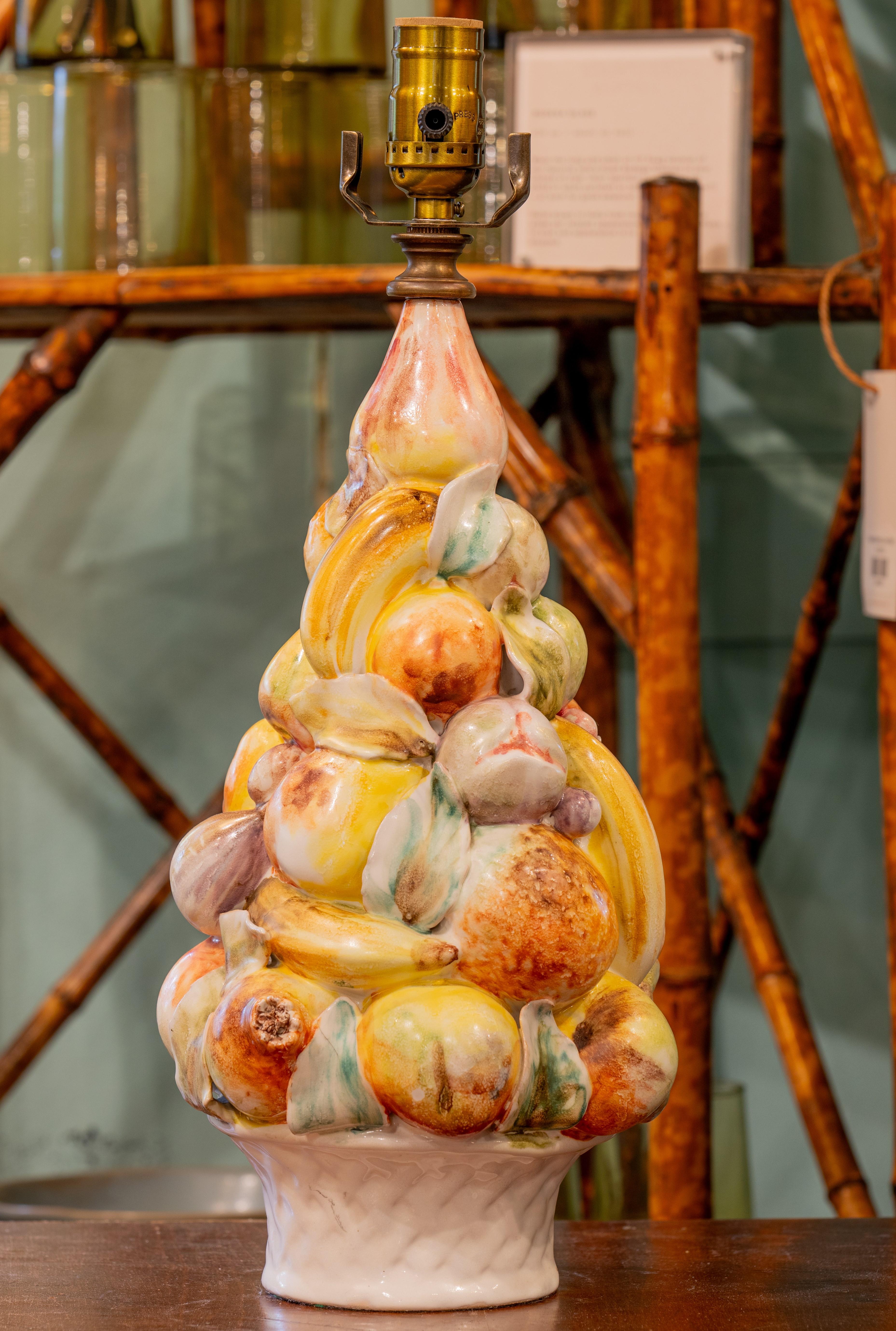 Mid-Century Modern Italian Stacked Fruit Majolica Topiary Lamp with Soft Colors and Timeless Charm. For Sale