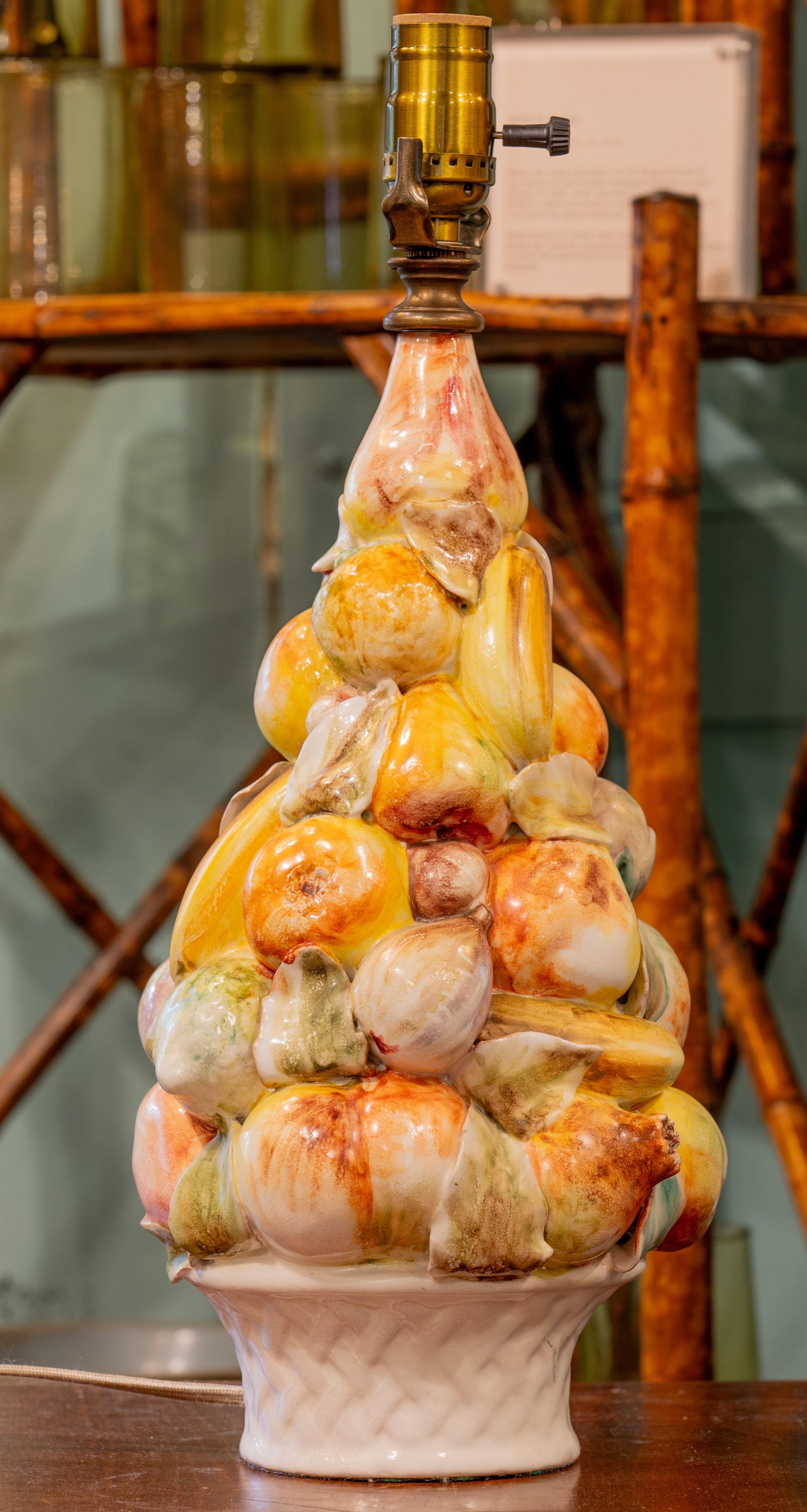 Cast Italian Stacked Fruit Majolica Topiary Lamp with Soft Colors and Timeless Charm. For Sale