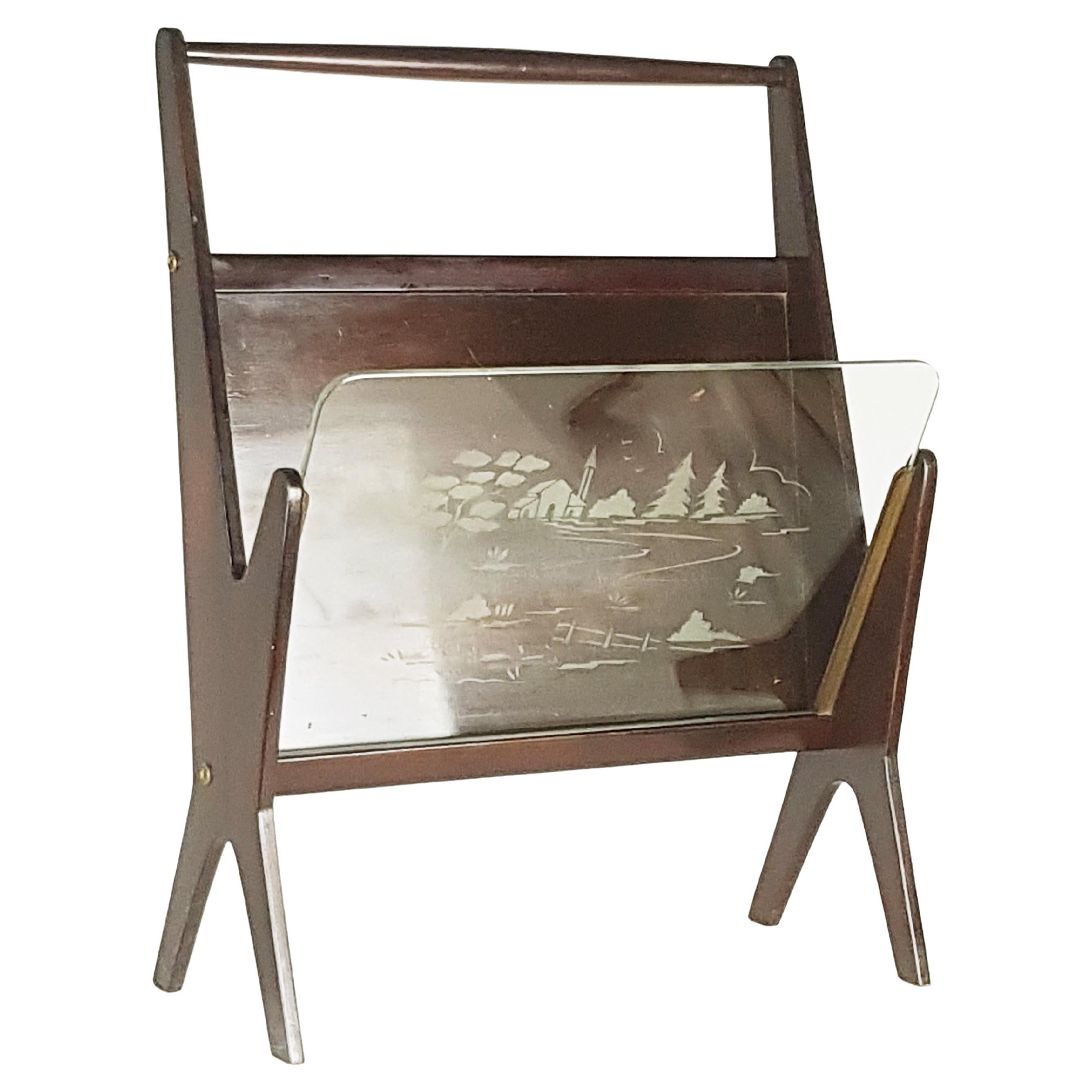 Italian Stained Plywood & Decotared Glass 1950s Magazine Rack For Sale