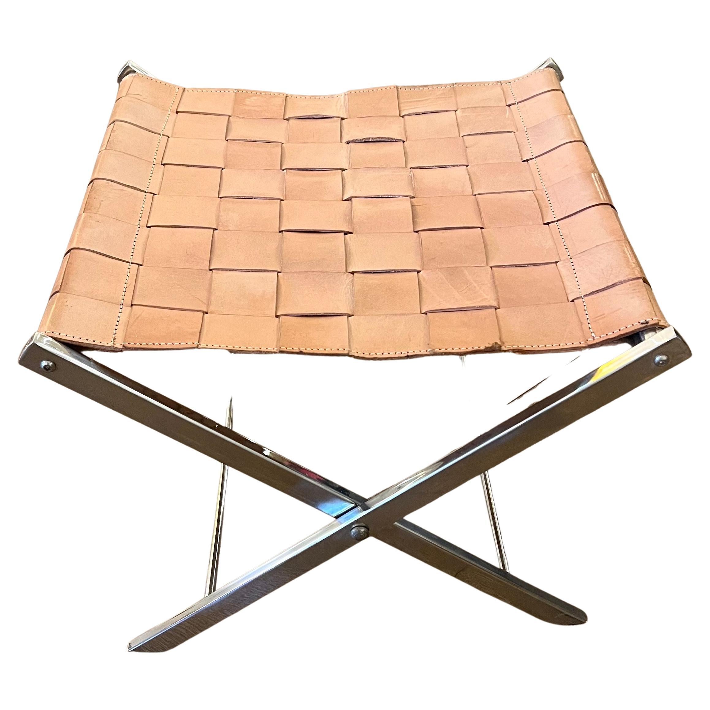 Post-Modern Italian Stainless Steel & Leather Campaign Style Folding Stool