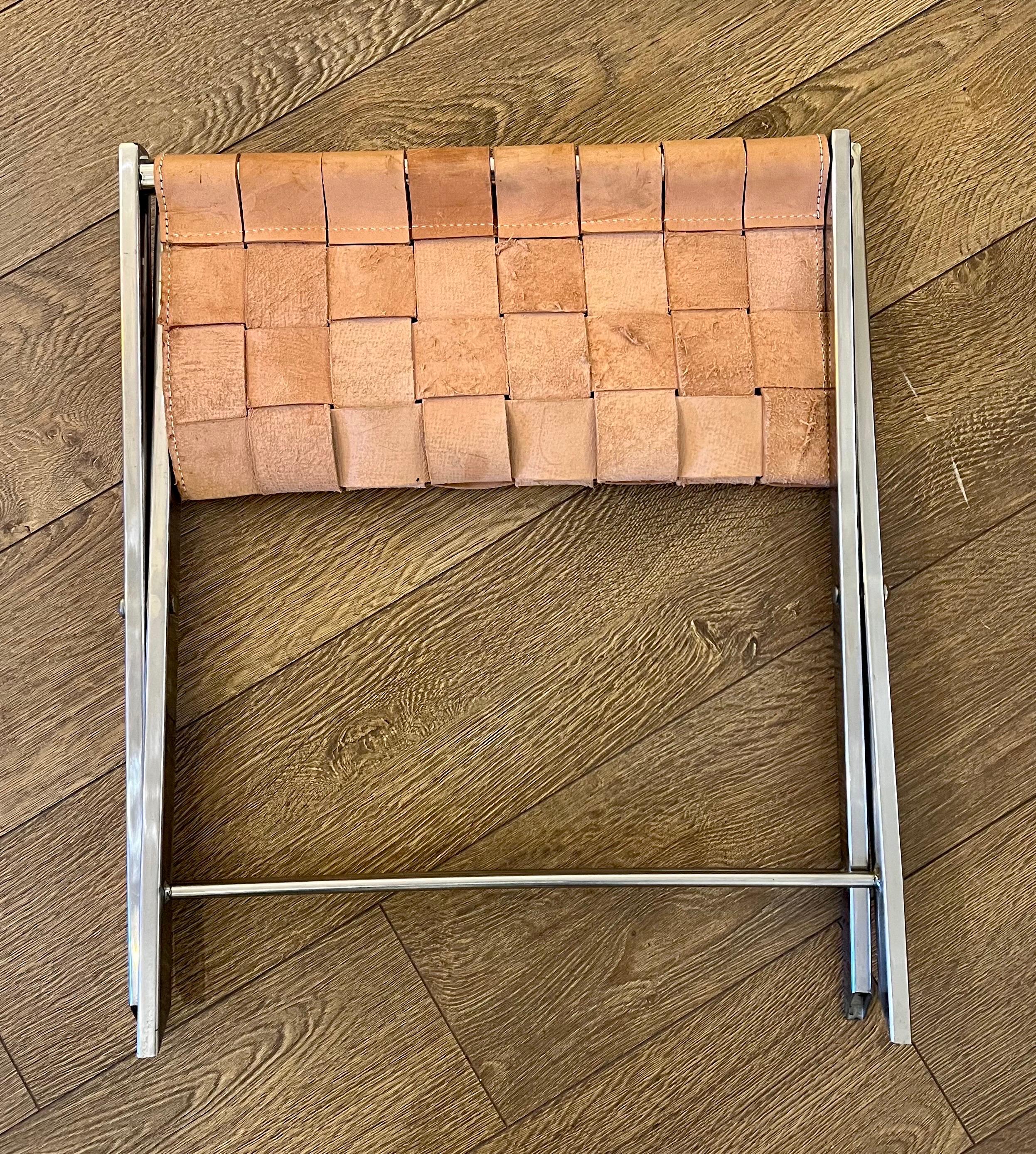 Italian Stainless Steel & Leather Campaign Style Folding Stool In Good Condition In San Diego, CA