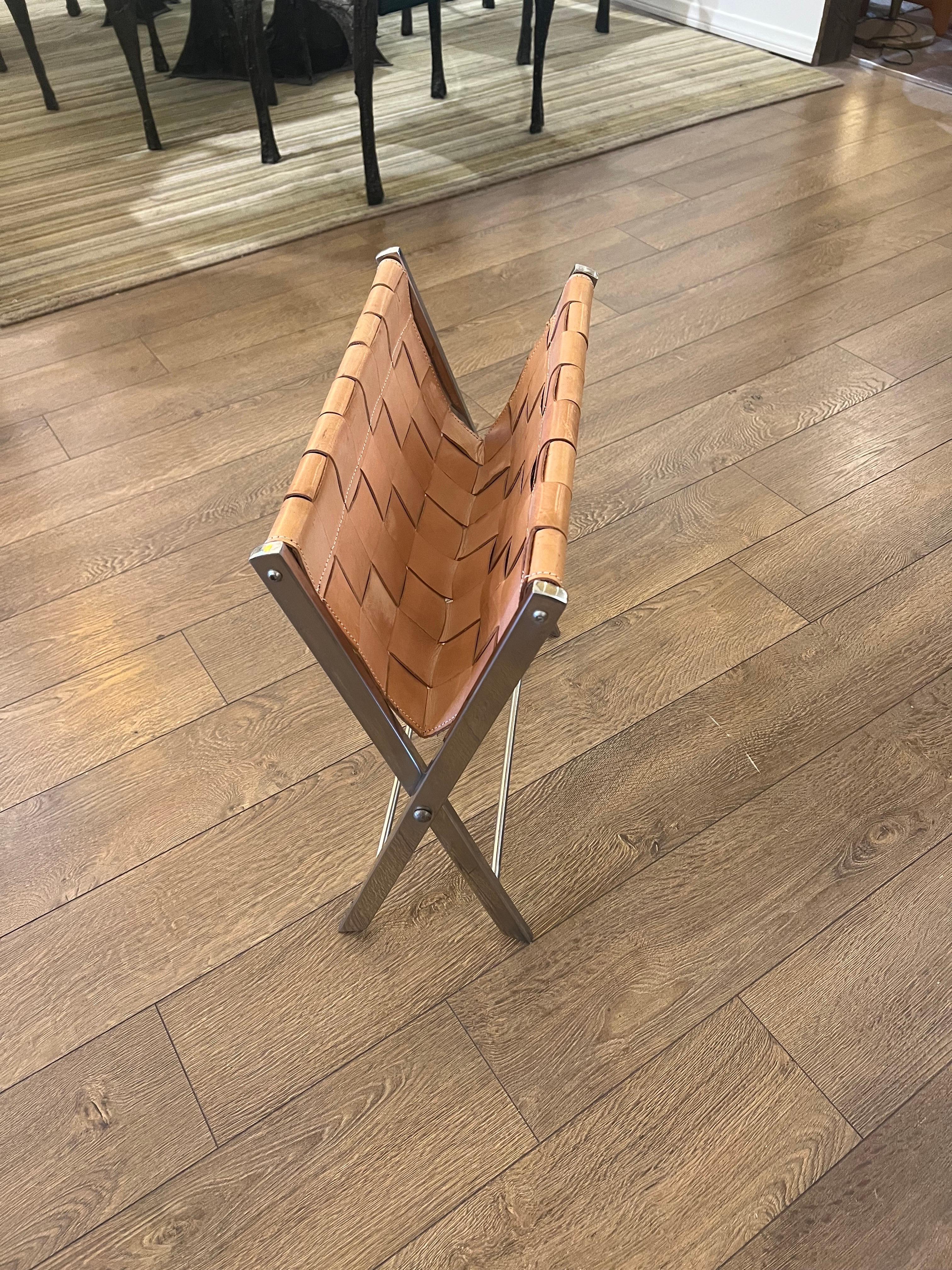 20th Century Italian Stainless Steel & Leather Campaign Style Folding Stool